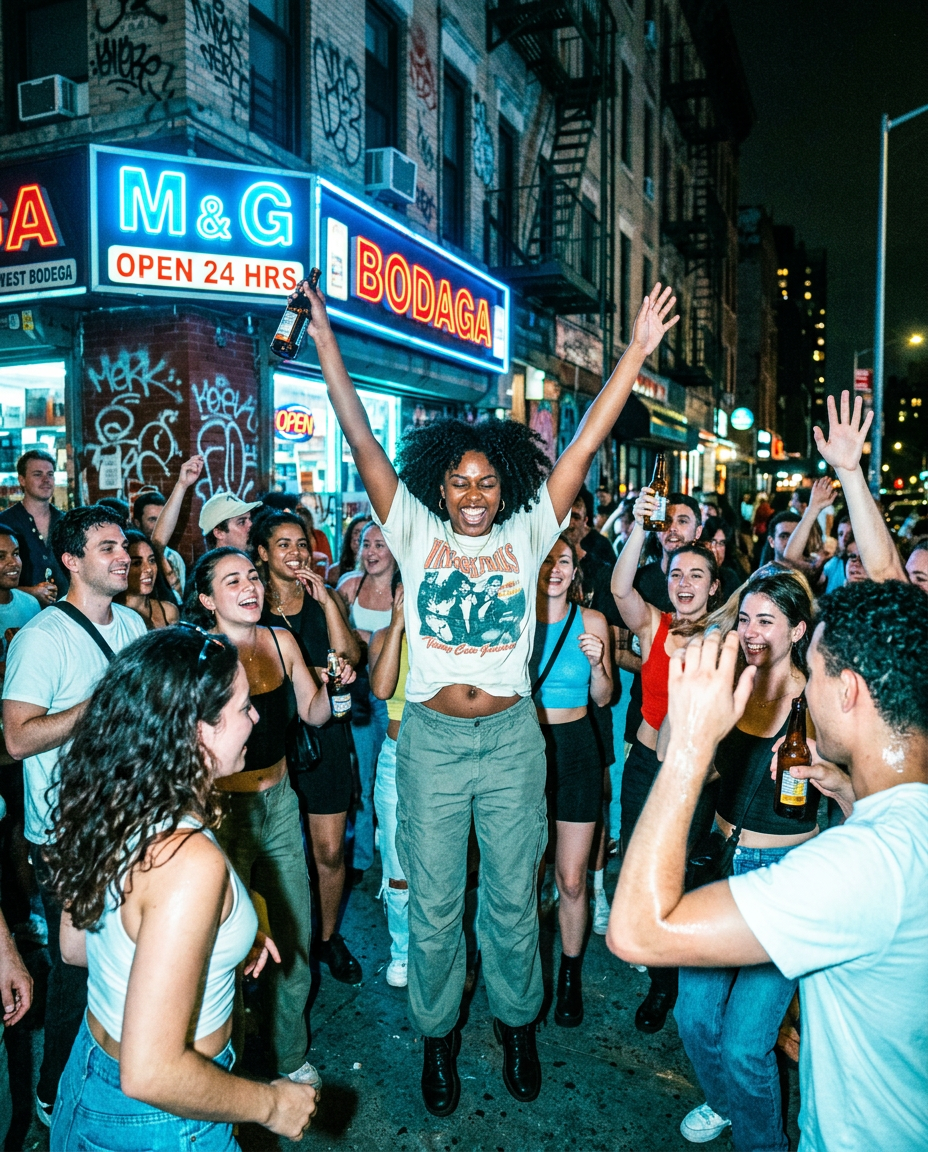 A crowd dancing in the street outside a corner store