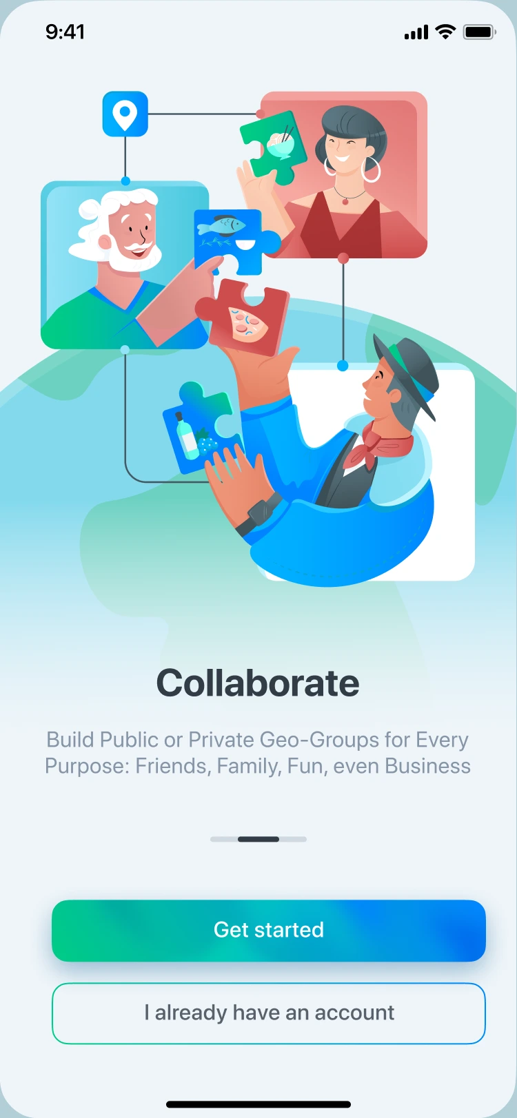 Earthy screen illustrating people joining a location-based group