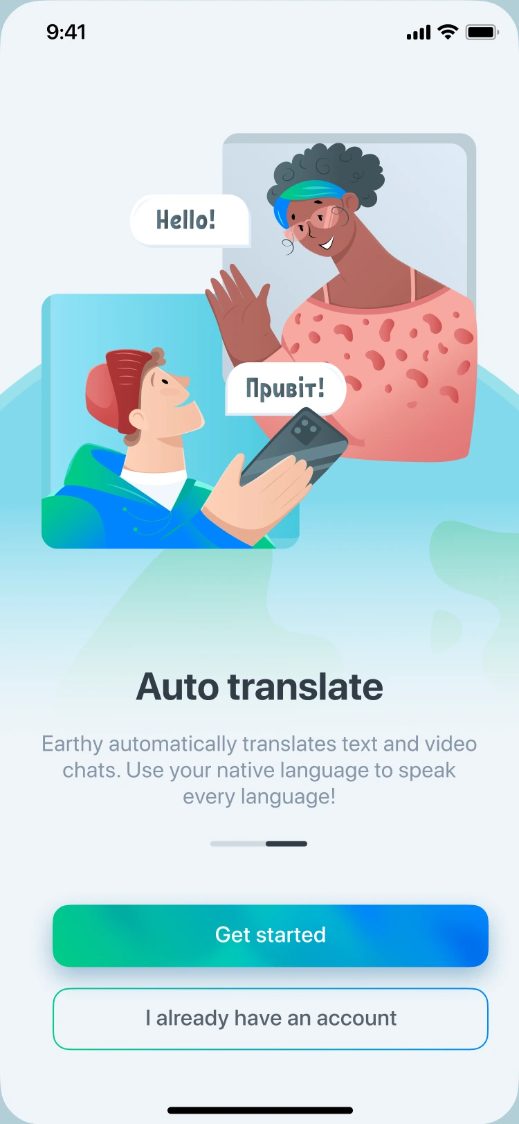 Earthy auto translate screen: “Hello!” becomes “Привіт!”